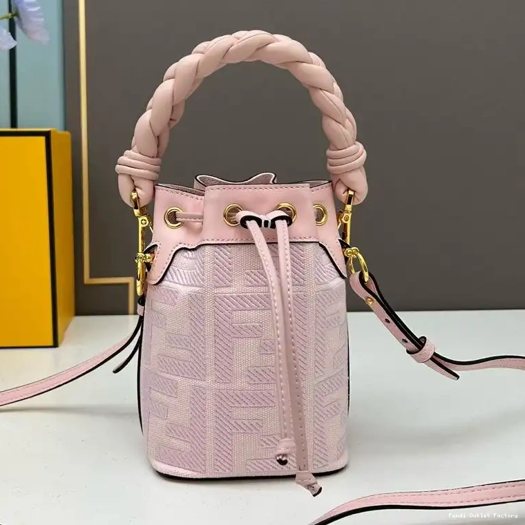 Affordable HOT Fendi Mon Motif Woven Tresor In Bucket Canvas Mini FF Pink Handle Bag with 0604